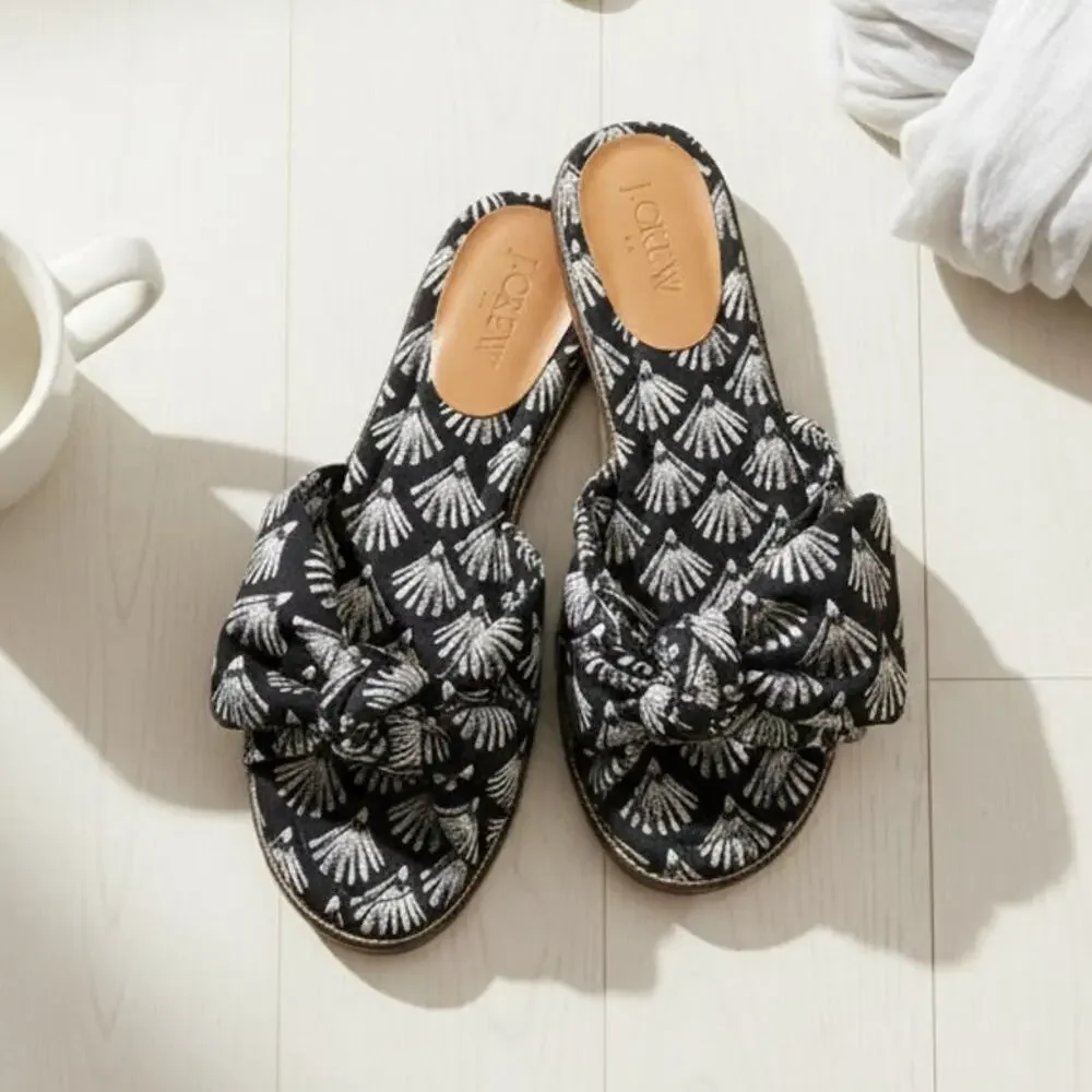 J.Crew Black Ivory Printed Cotton Upper Knot Slide Sandals, US7.5